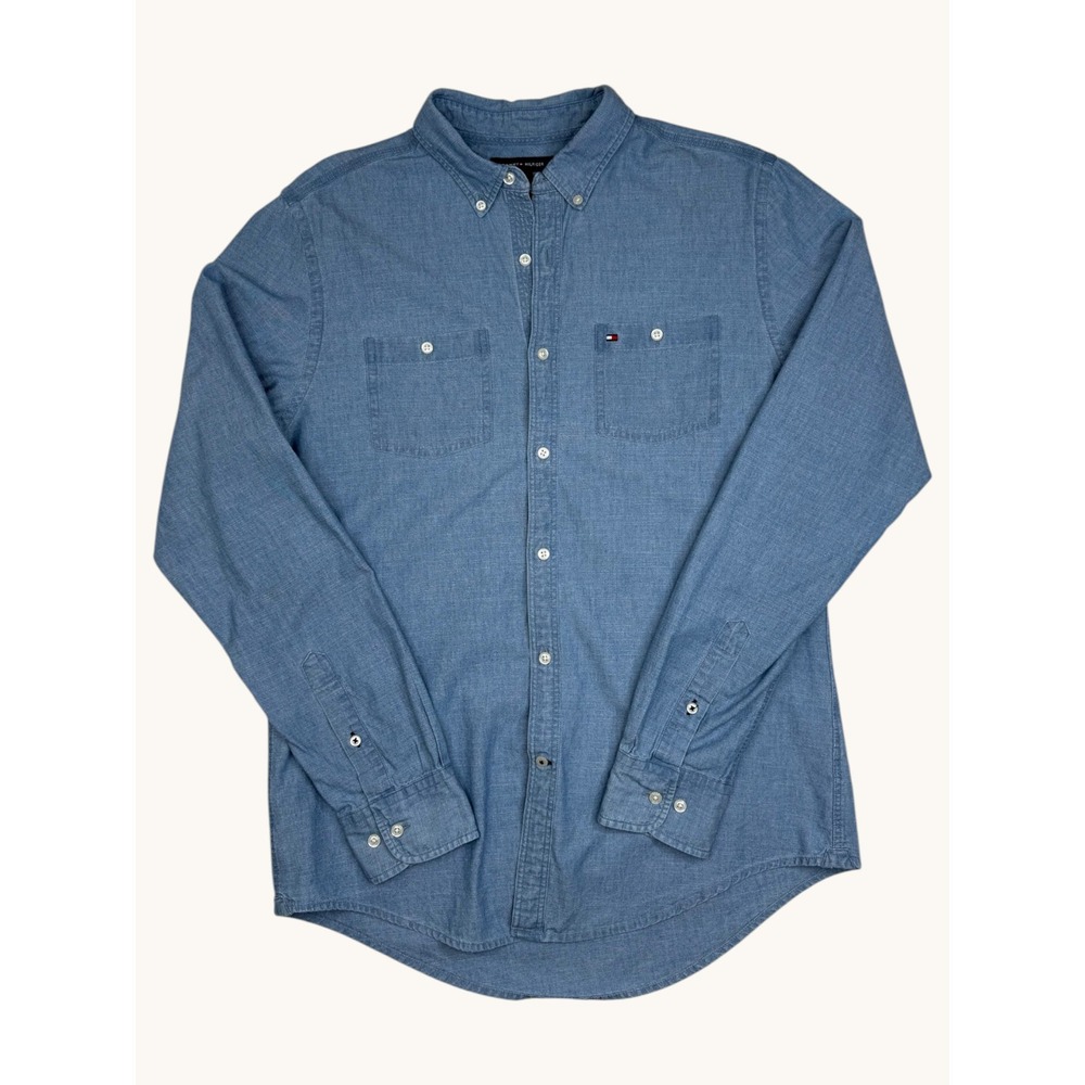 Tommy Hilfiger Mens Indigo Blue Chambray Button Down Shirt Medium Long Sleeve